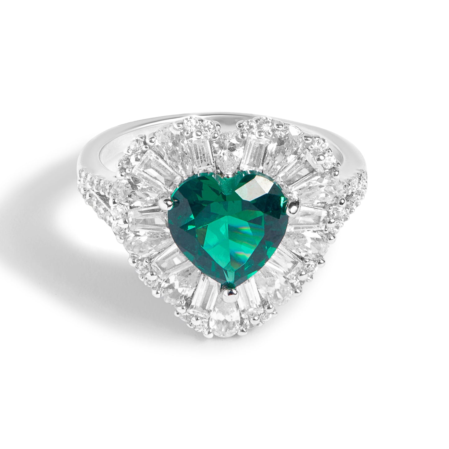 Silver Heart Emerald And Diamond Ring