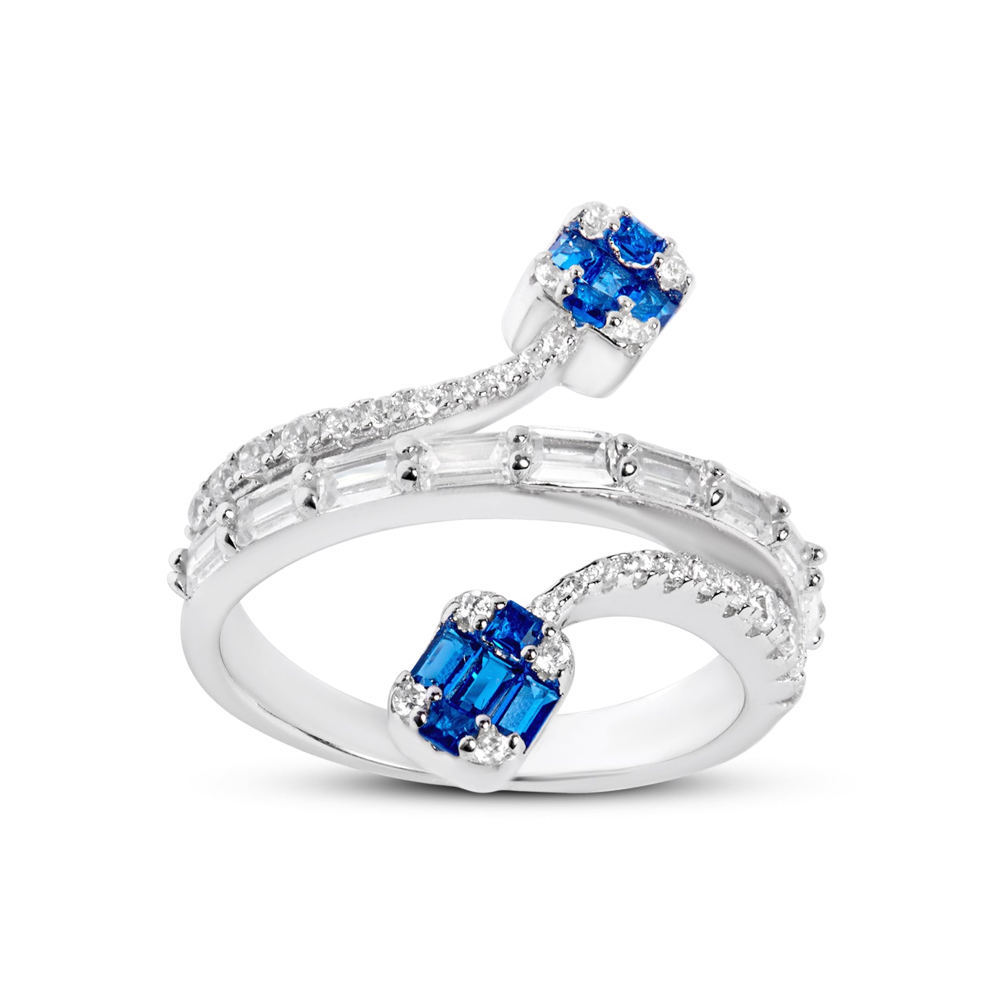 Silver Sapphire And Diamond Spiral Ring