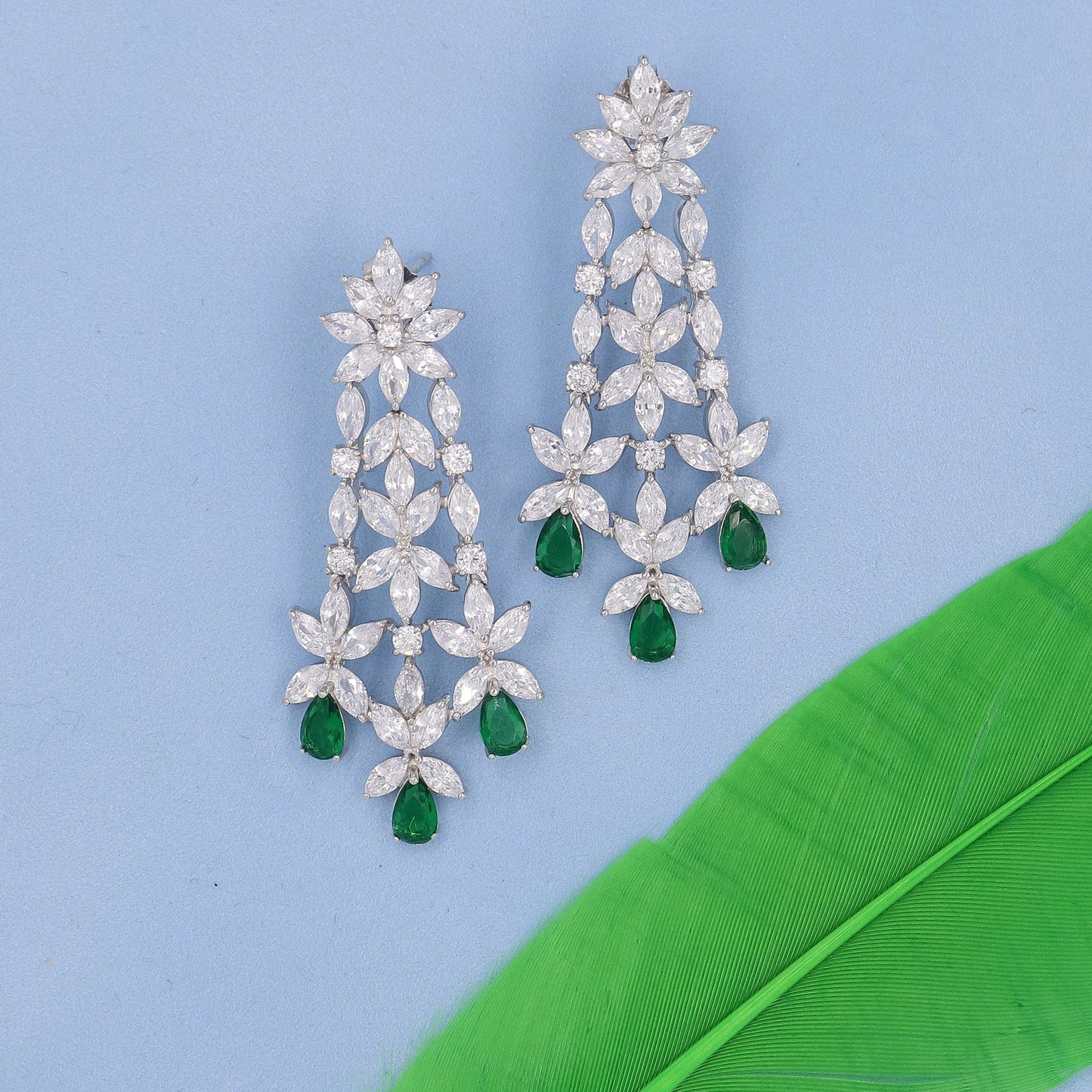 Royal Emerald Cocktail Diamond Silver Earrings