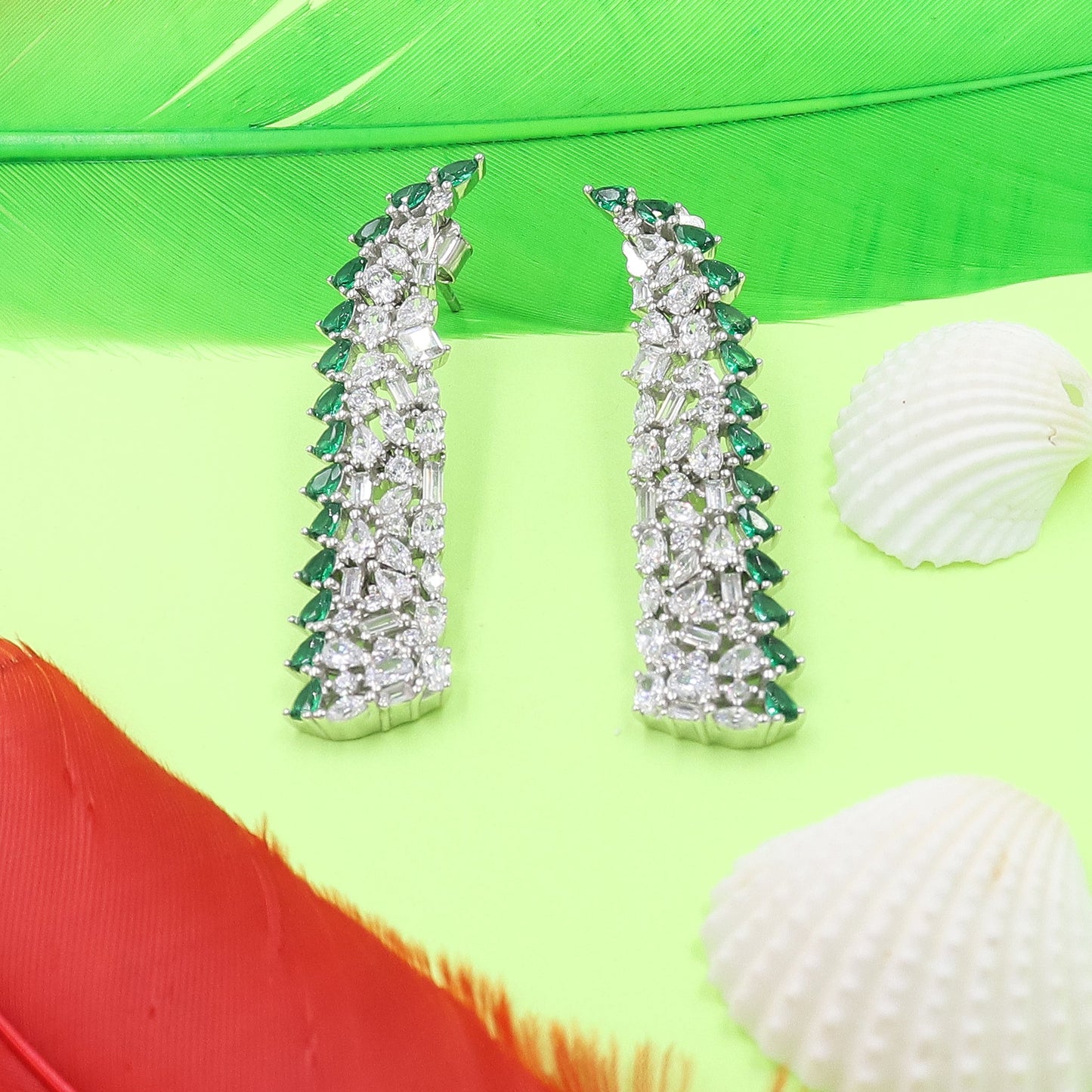 Sparkling Emerald And Diamond Silver Earrings