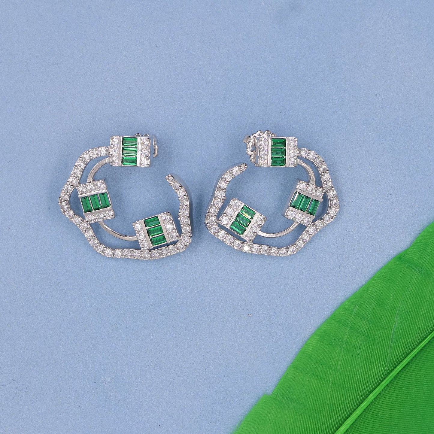 Baguette Emerald And Diamond Silver Earrings