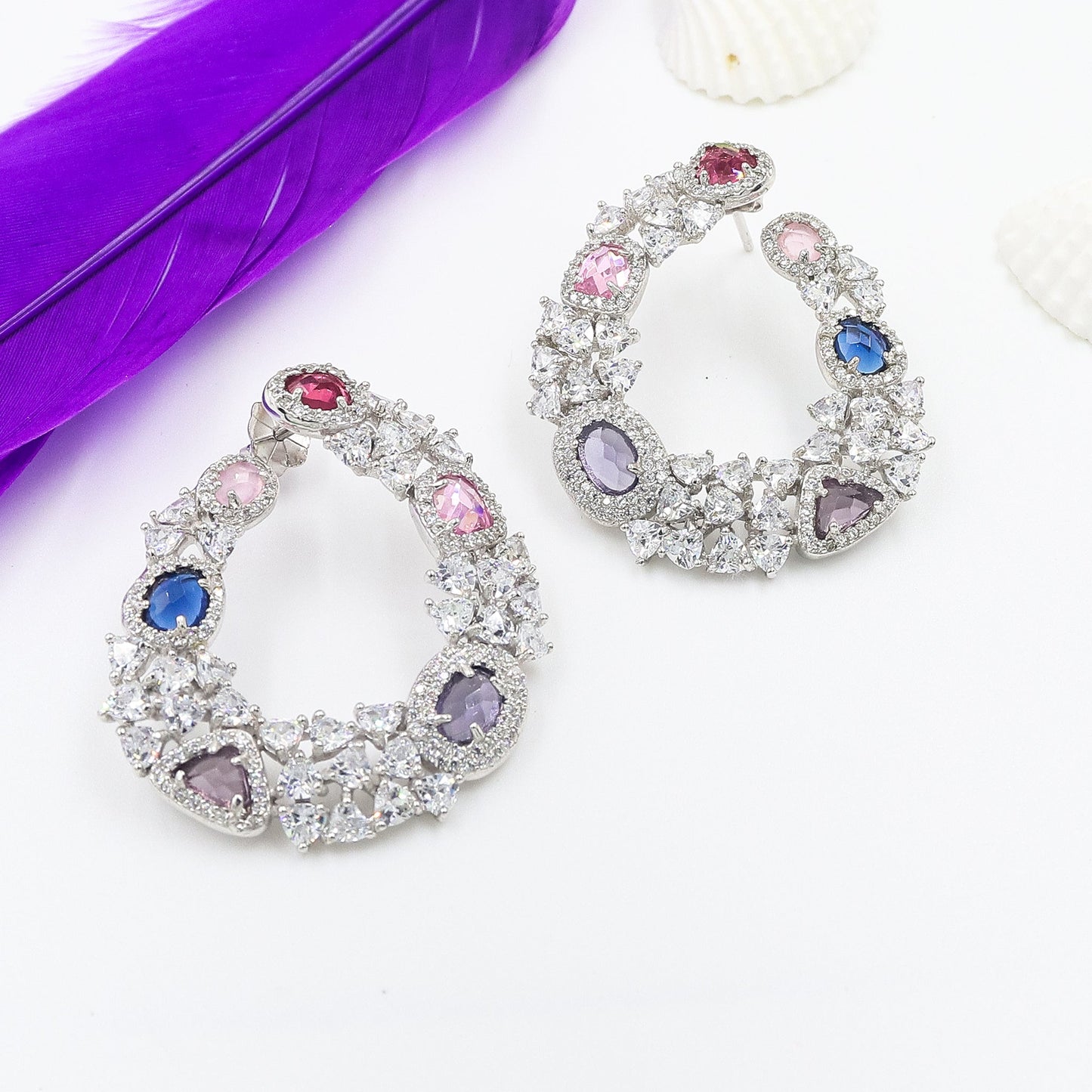 Multi Coloured Crystal Silver Earrings