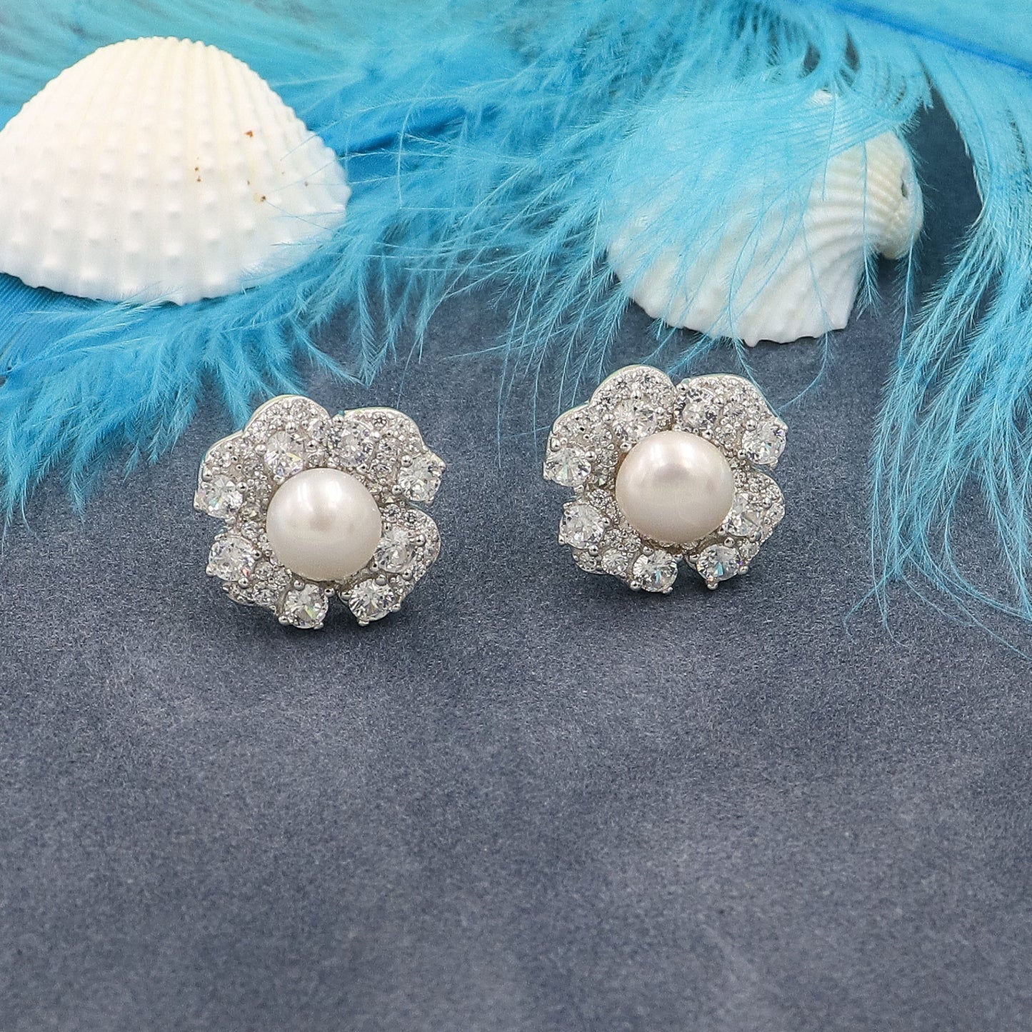 Pearl And Diamond Silver Studs Earrings