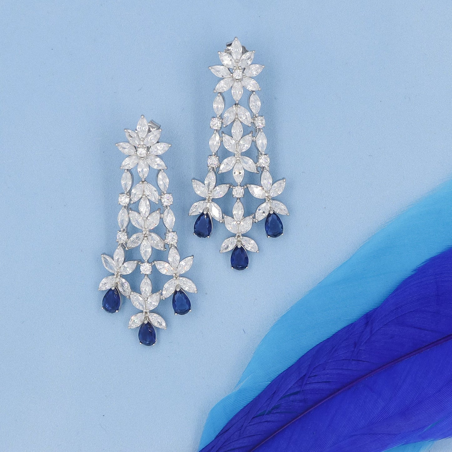 Royal Sapphire Cocktail Diamond Silver Earrings