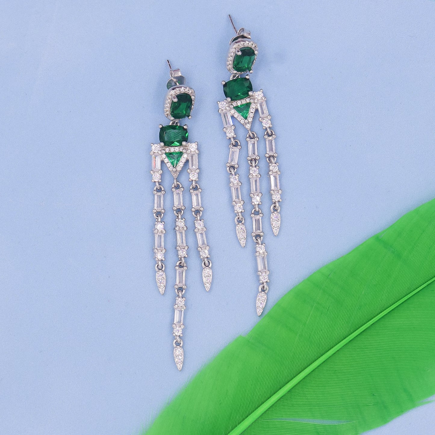 Sleek Emerald Drop Silver Earrings