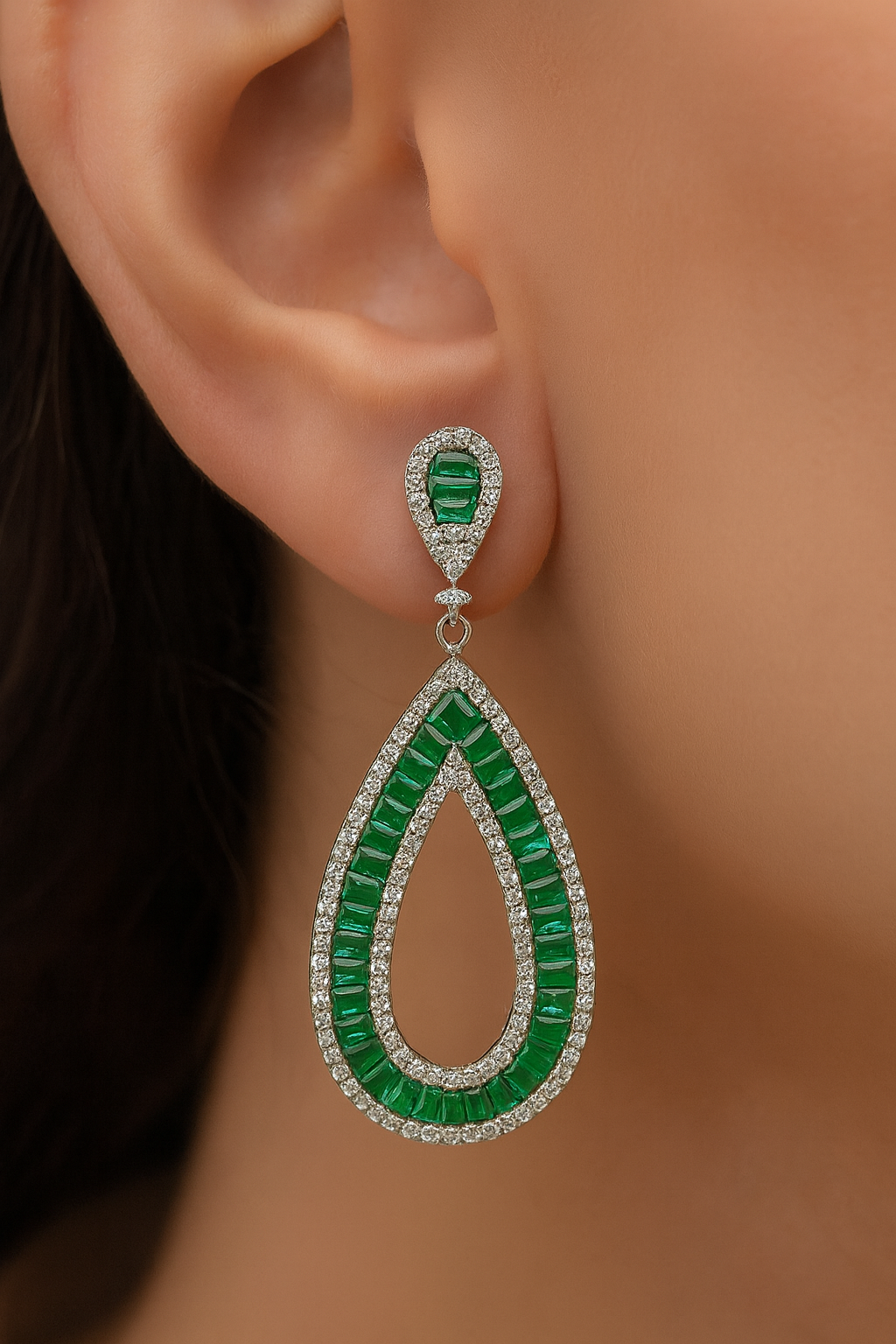 Emerald and Diamond Silver Dangler Earrings