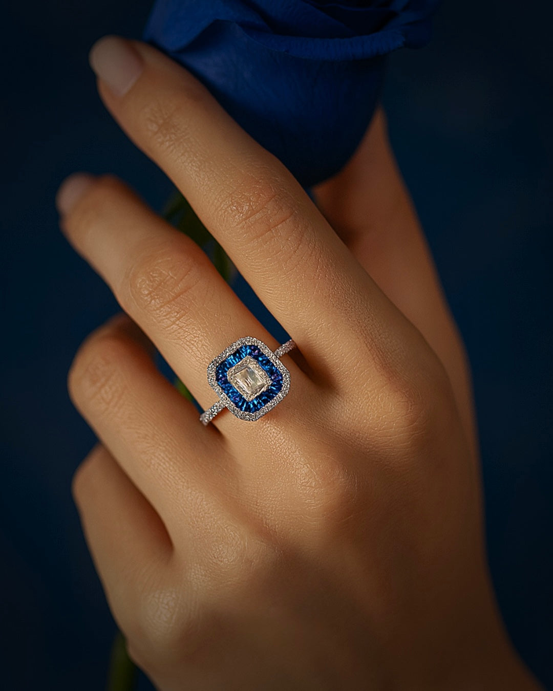 Dainty Sapphire And Diamond Silver Ring