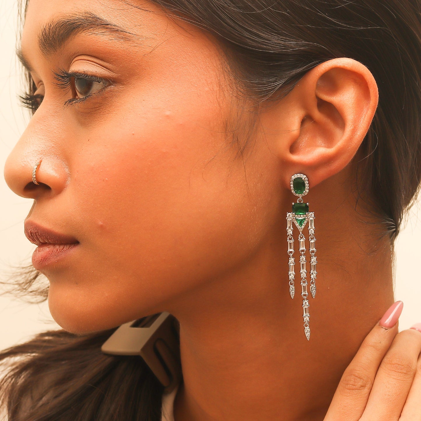 Sleek Emerald Drop Silver Earrings