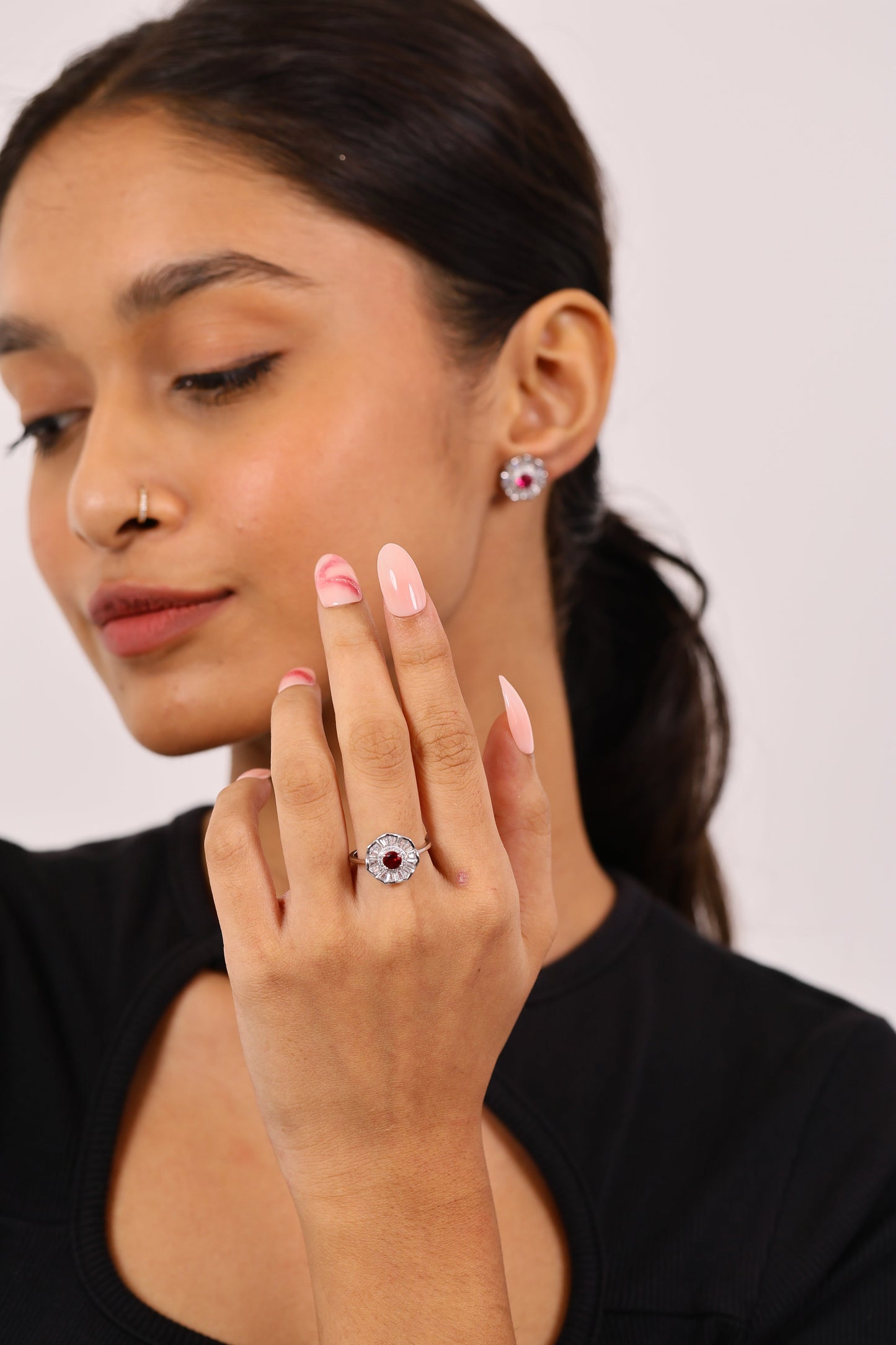 SLEEK RUBY AND DIAMOND STUDS SILVER EARRINGS