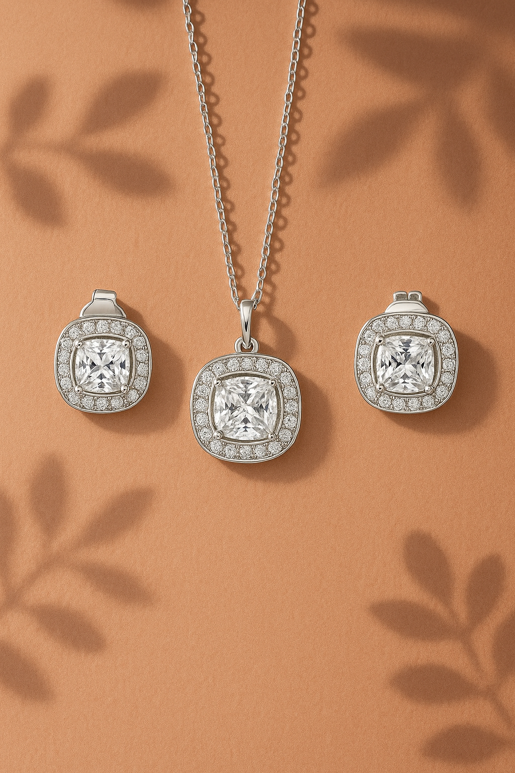 Cushion Diamond Silver Pendant Set