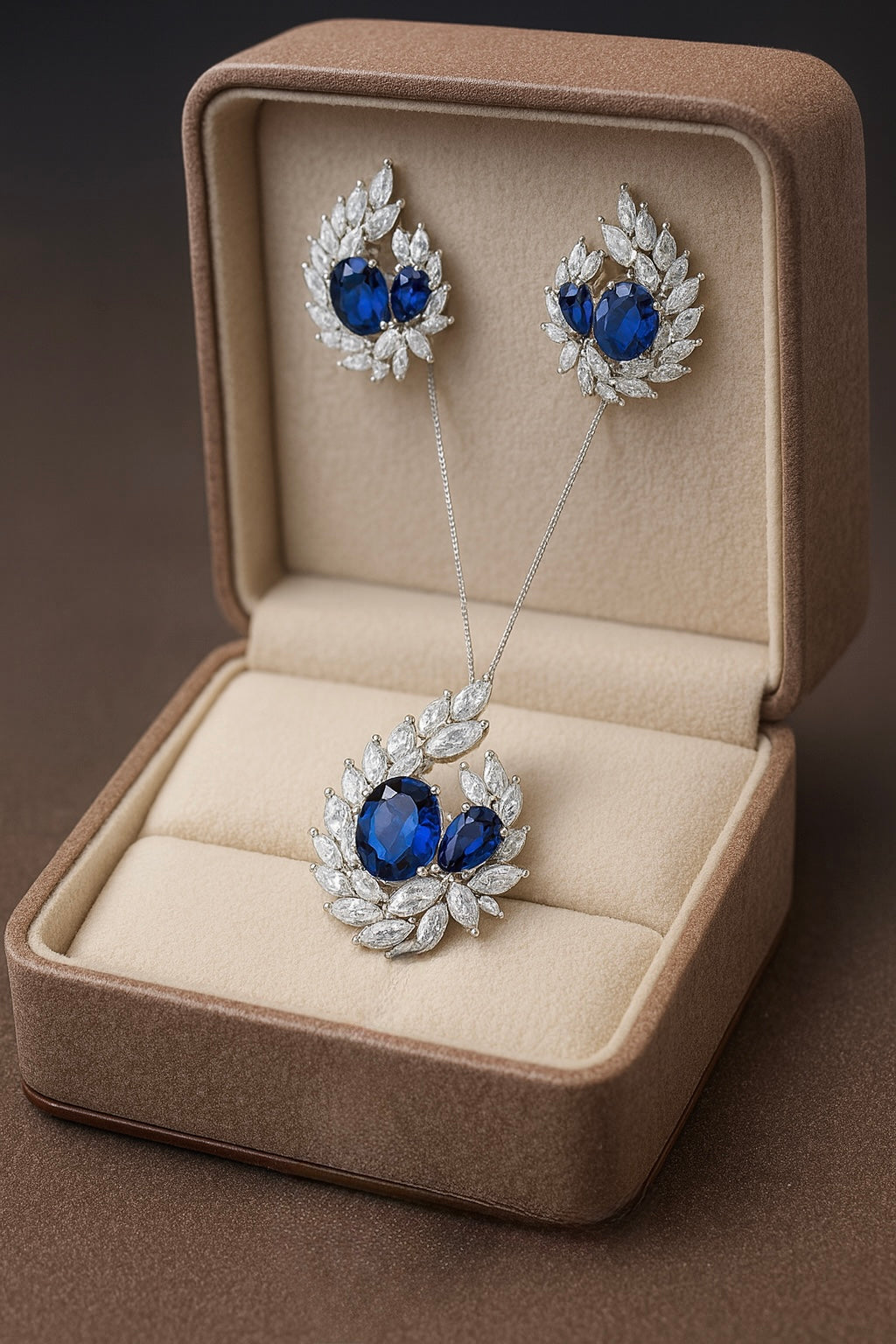 Stylish Sapphire And Crystal Silver Pendant Set