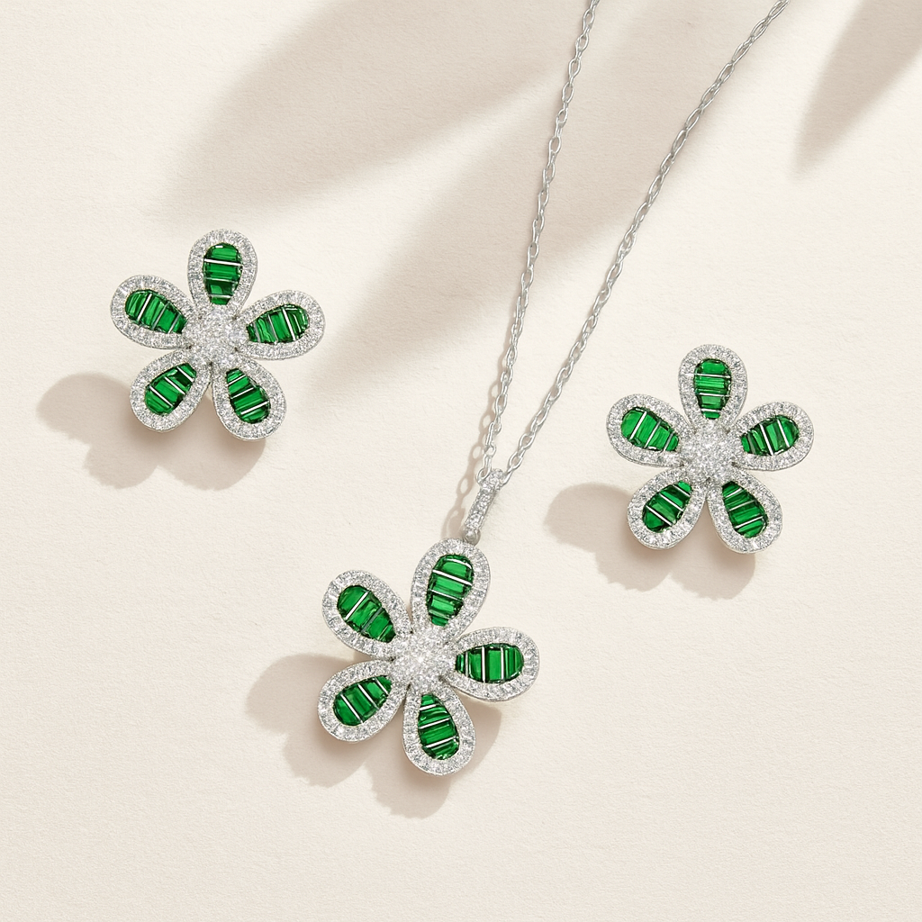 Emerald Flower Silver Pendant Set