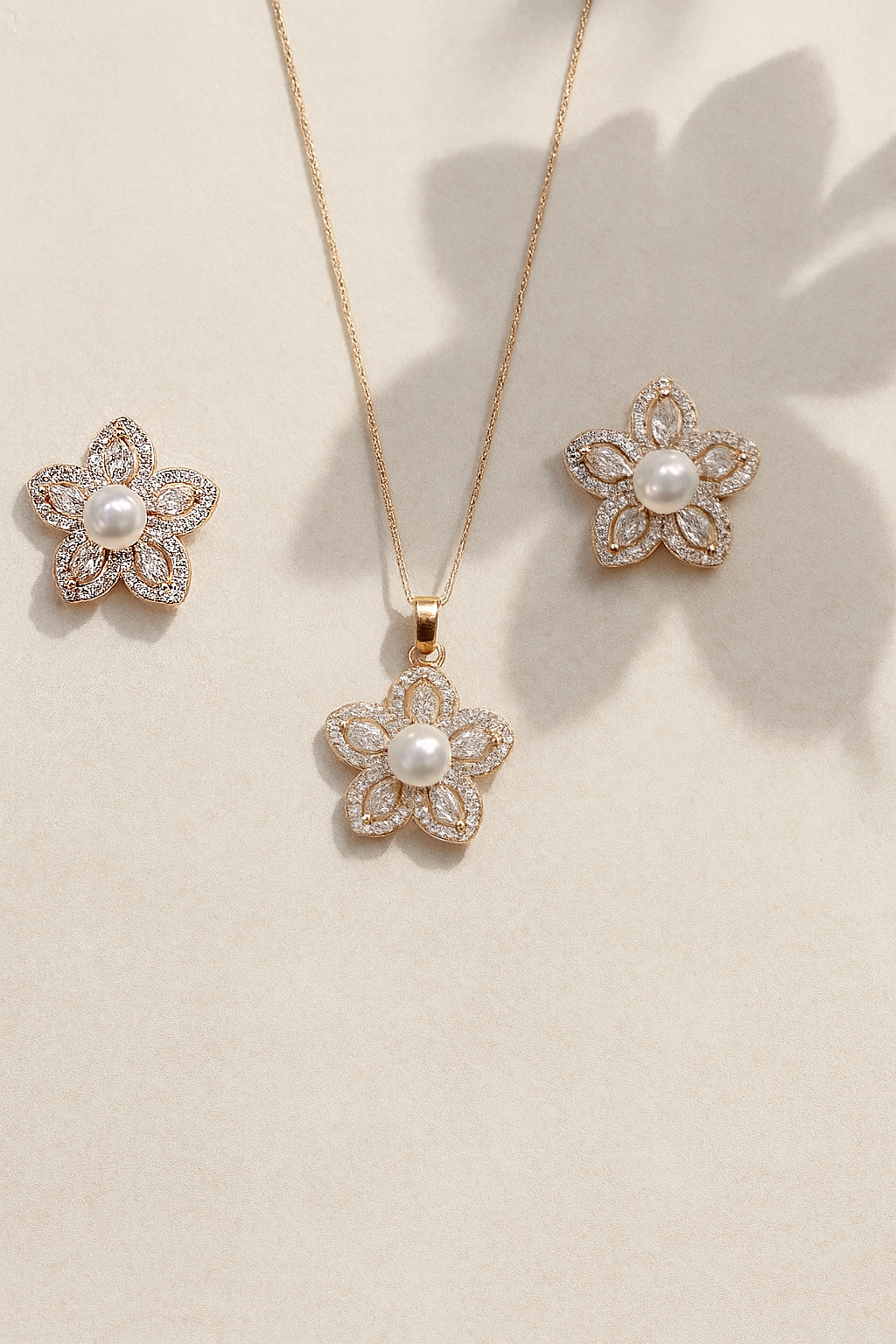 Star Pearl And Diamond Rose Gold Silver Pendant Set
