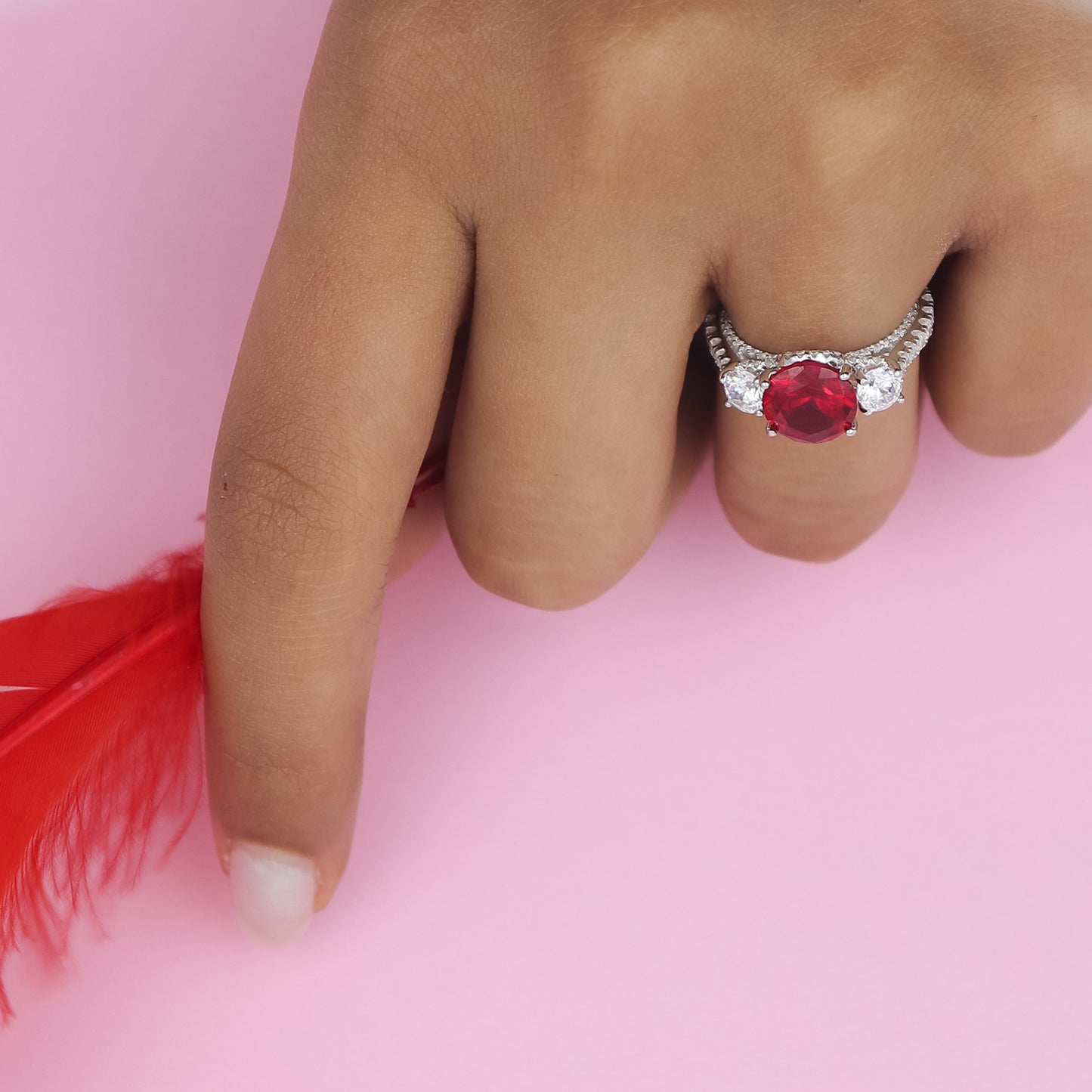 Silver Round Ruby And Diamond Crown Ring