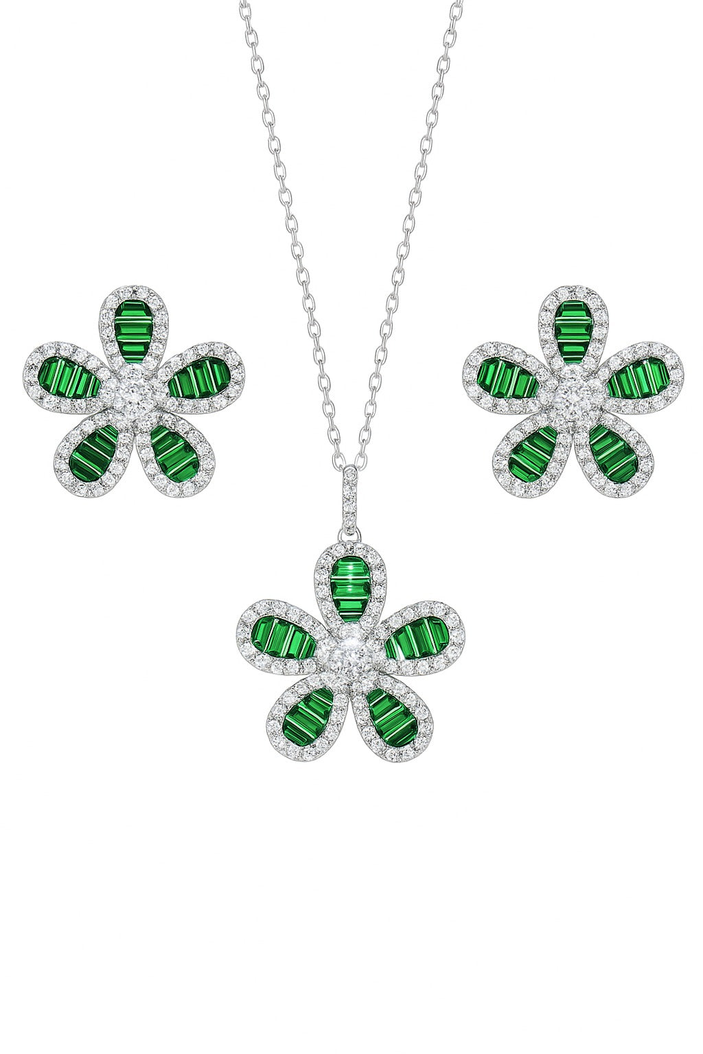 Emerald Flower Silver Pendant Set