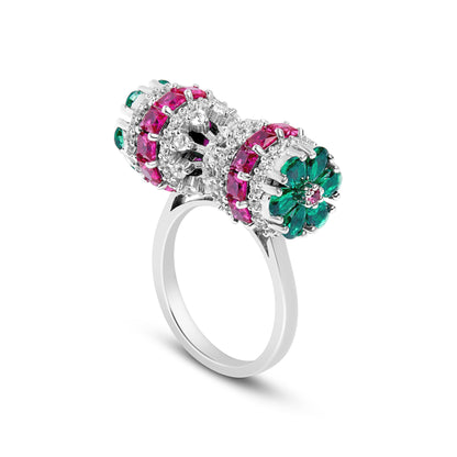 Silver Ruby Emerald Barrel Ring