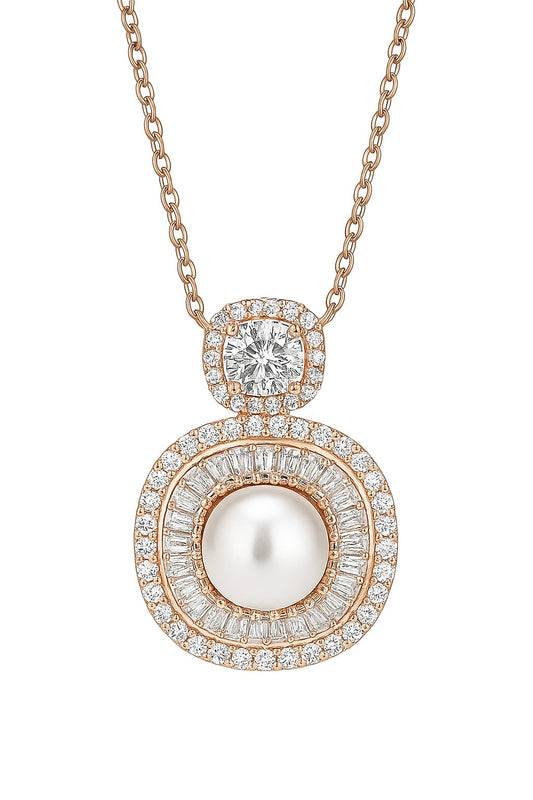 Pearl And Diamond Rosegold Silver Pendant