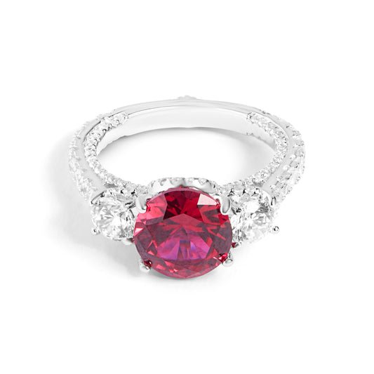 Silver Round Ruby And Diamond Crown Ring