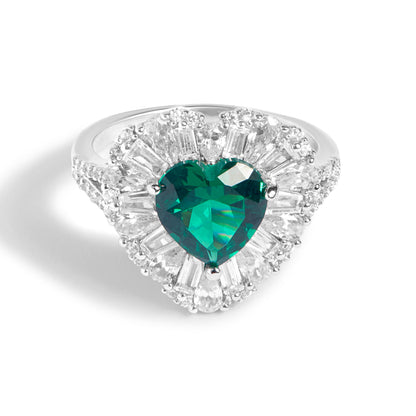 Silver Heart Emerald And Diamond Ring
