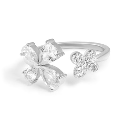 Silver Two Flowers Diamond Ring