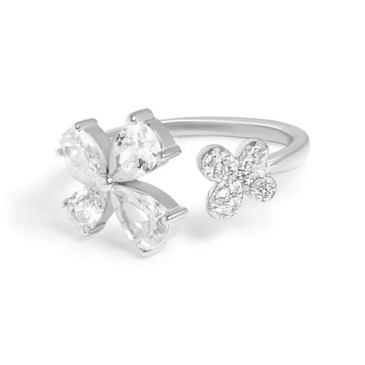 Silver Two Flowers Diamond Ring
