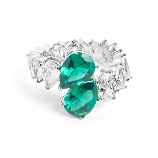 Silver Emerald Pear Cocktail Ring