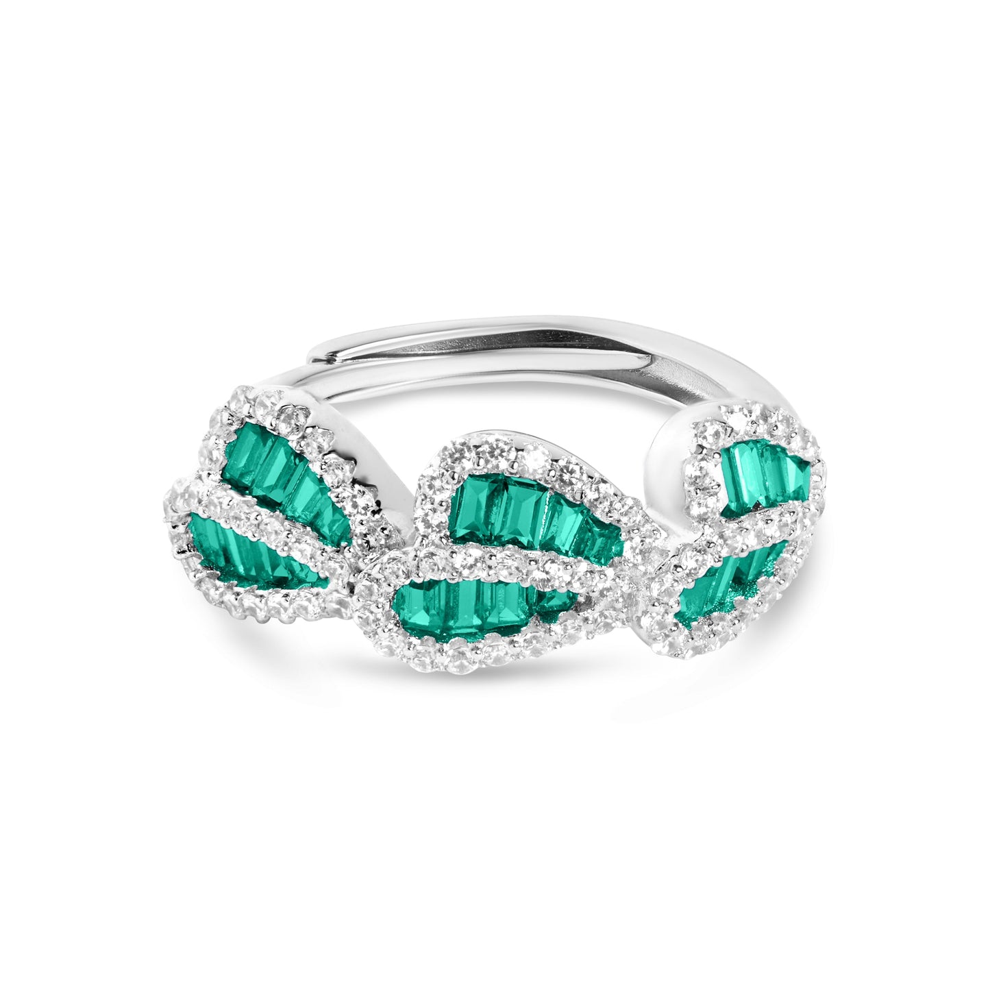 Stylish Emerald And Diamond Leaf Silver Ring