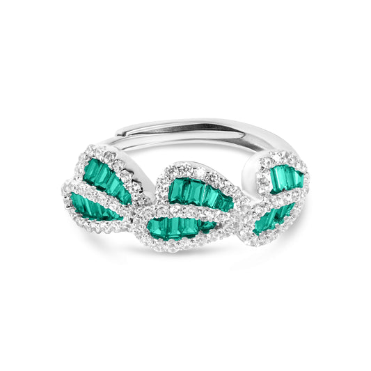 Stylish Emerald And Diamond Leaf Silver Ring