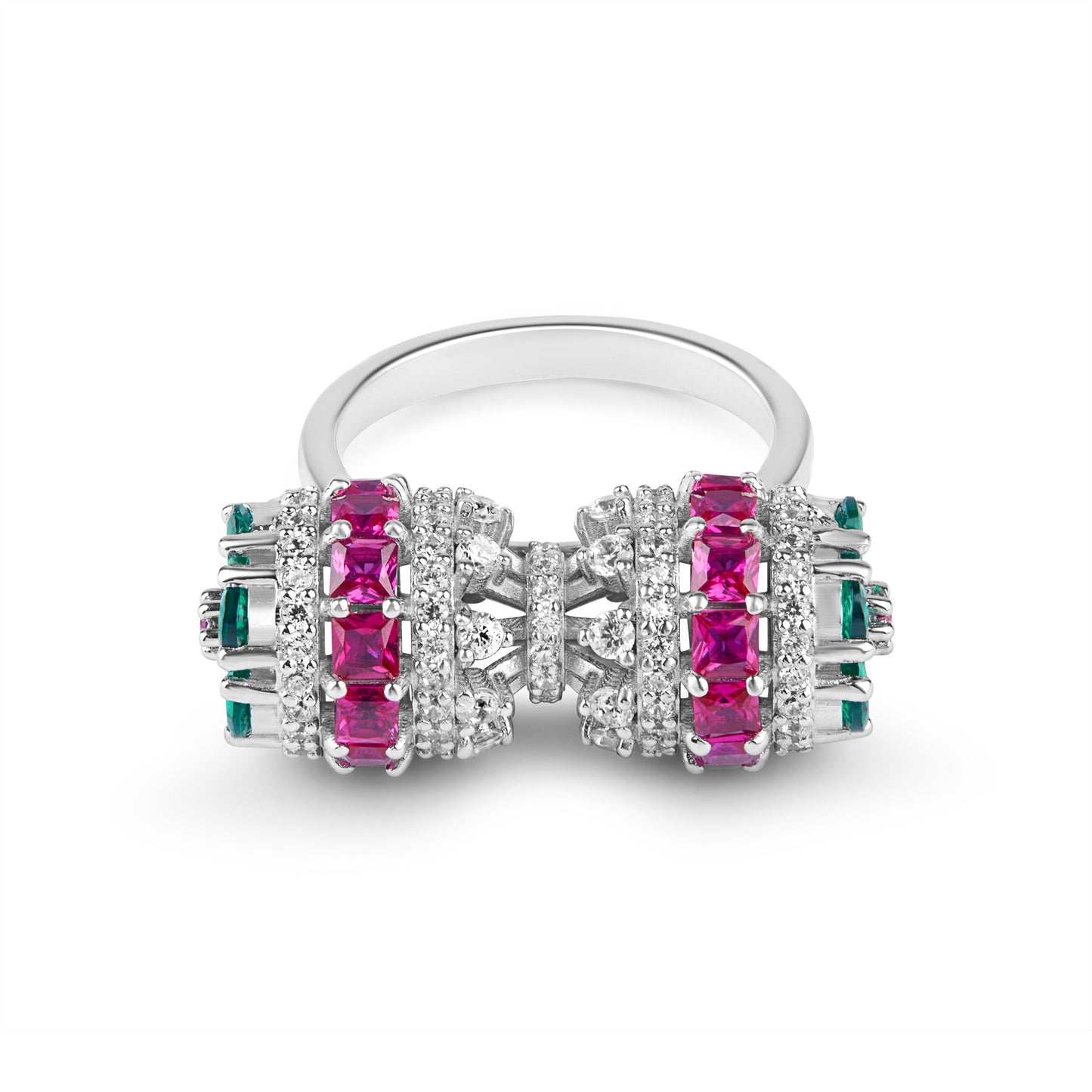Silver Ruby Emerald Barrel Ring
