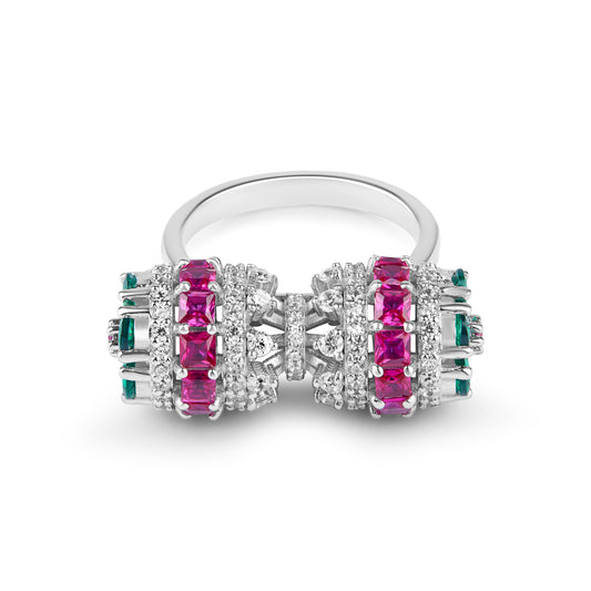 Silver Ruby Emerald Barrel Ring