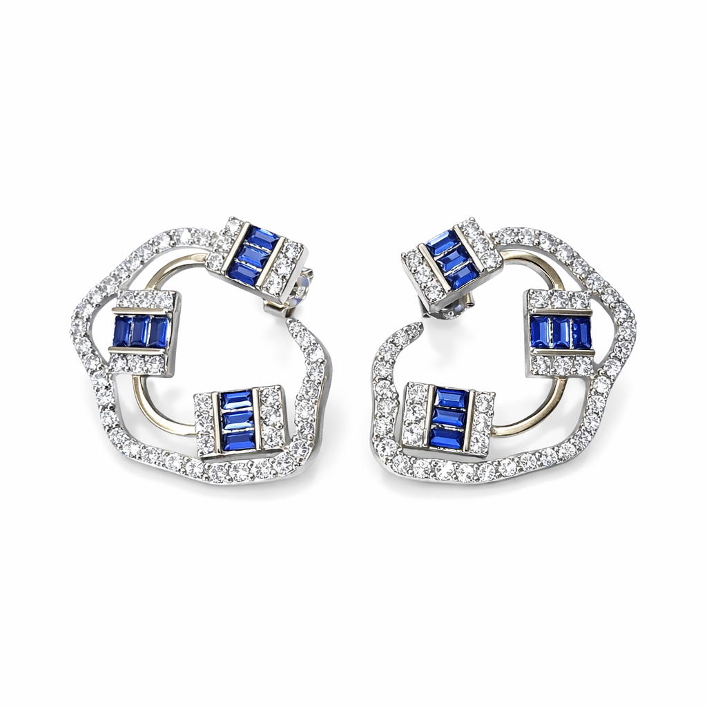 BAGUETTE SAPPHIRE AND DIAMOND SILVER EARRINGS