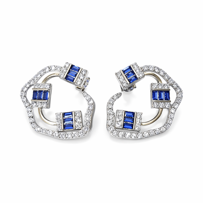 BAGUETTE SAPPHIRE AND DIAMOND SILVER EARRINGS