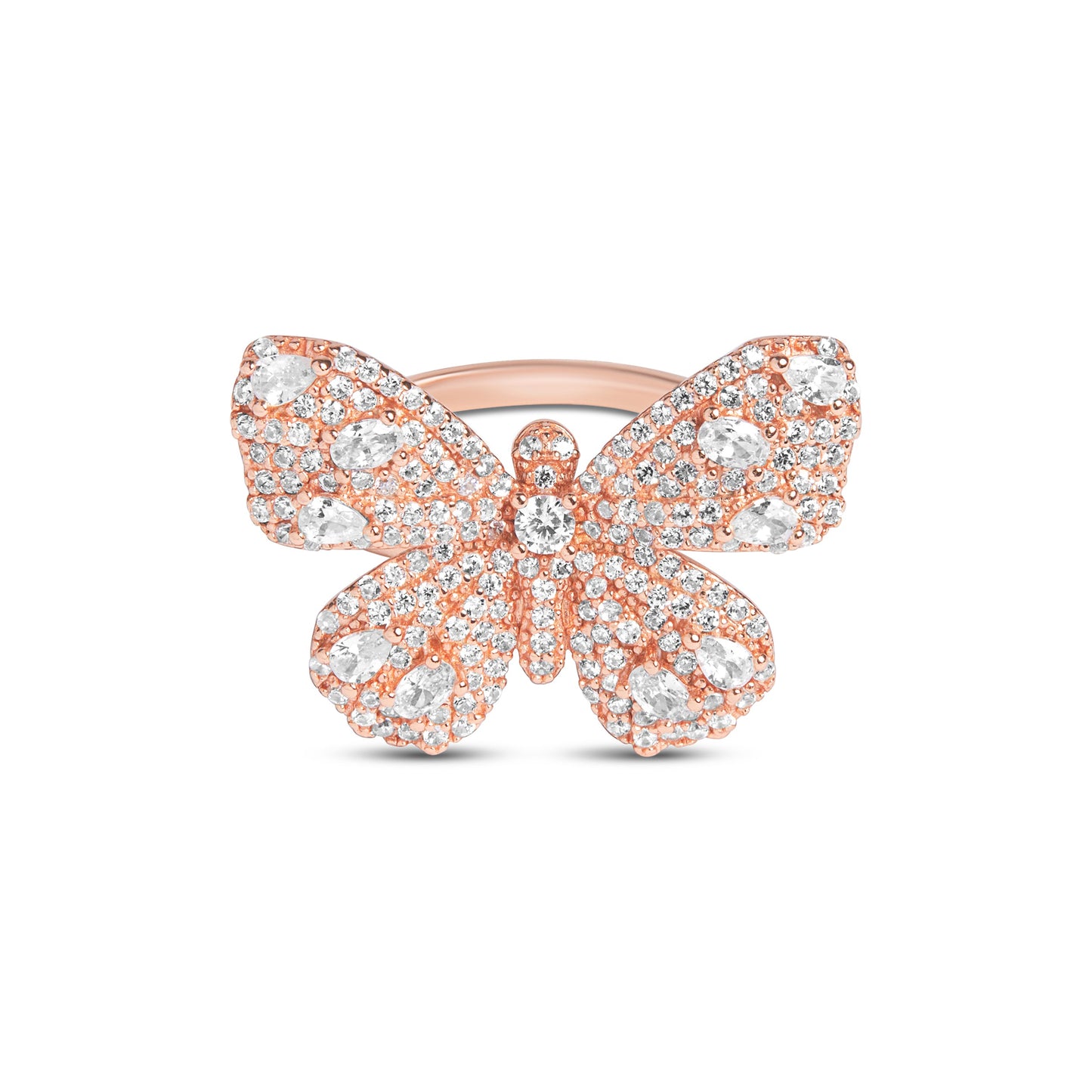 Silver Butterfly Diamond Ring In Rose Gold Finish