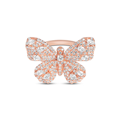 Silver Butterfly Diamond Ring In Rose Gold Finish