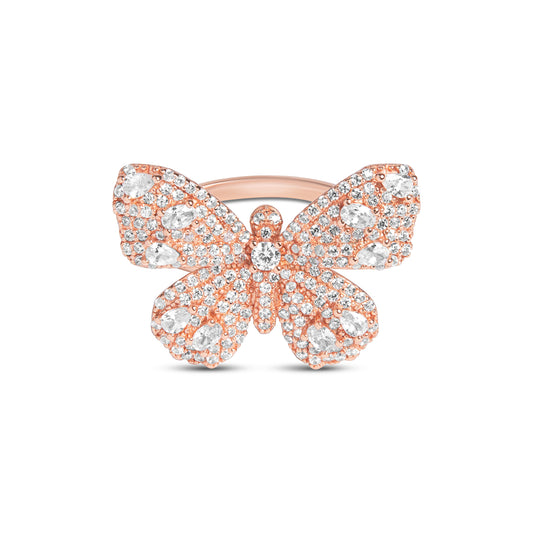 Silver Butterfly Diamond Ring In Rose Gold Finish