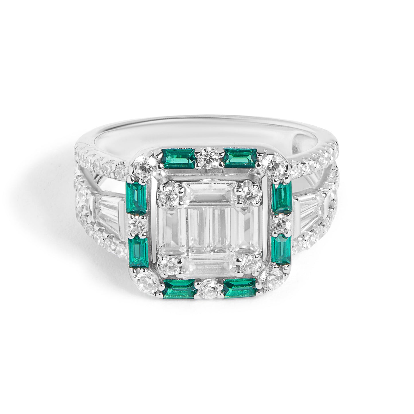 Silver Emerald Baguette Diamond Ring