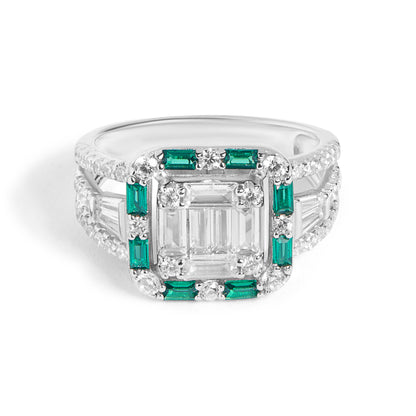 Silver Emerald Baguette Diamond Ring