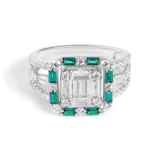Silver Emerald Baguette Diamond Ring
