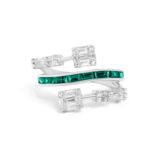 Silver Emerald Baguette Diamond Spiral Ring