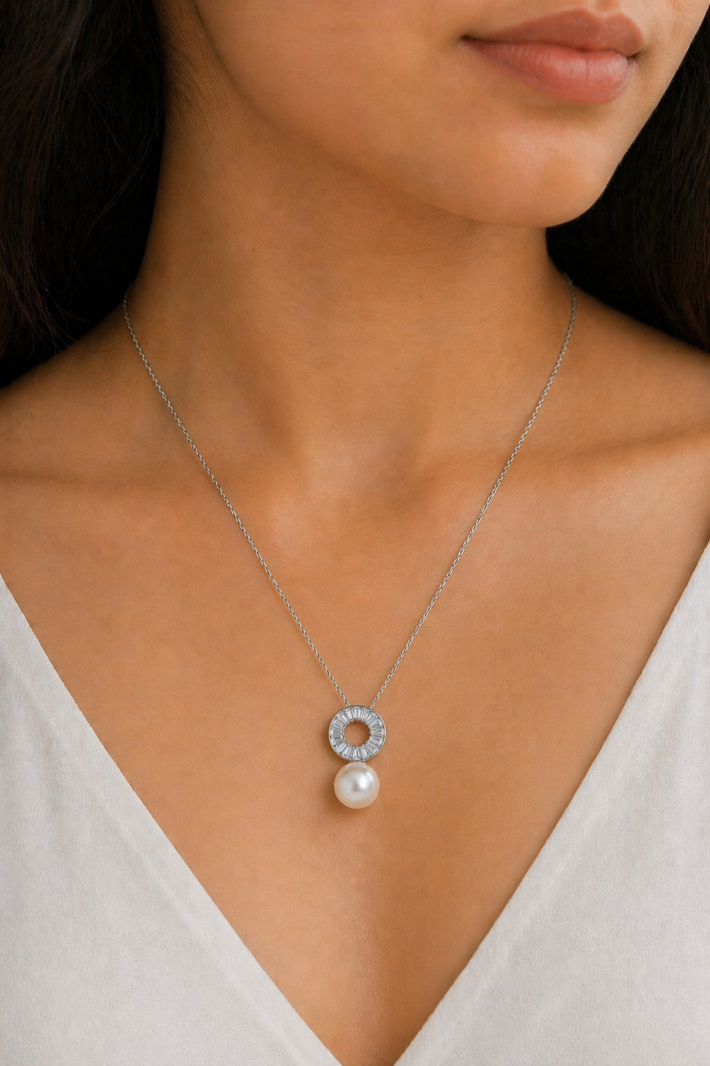 Baguette And Pearl Silver Pendant