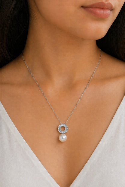 Baguette And Pearl Silver Pendant