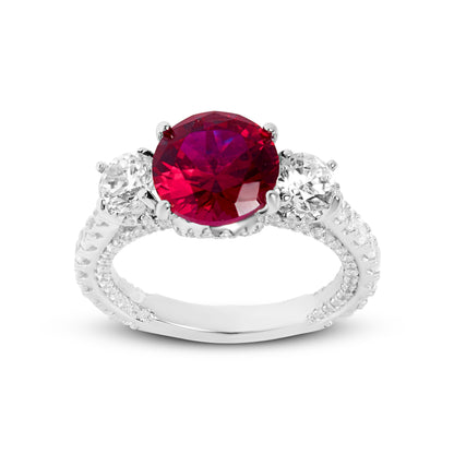 Silver Round Ruby And Diamond Crown Ring