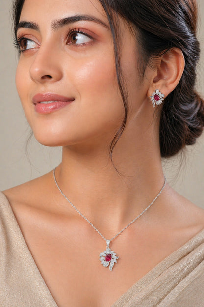 Festive Ruby And Diamond Silver Pendant Set