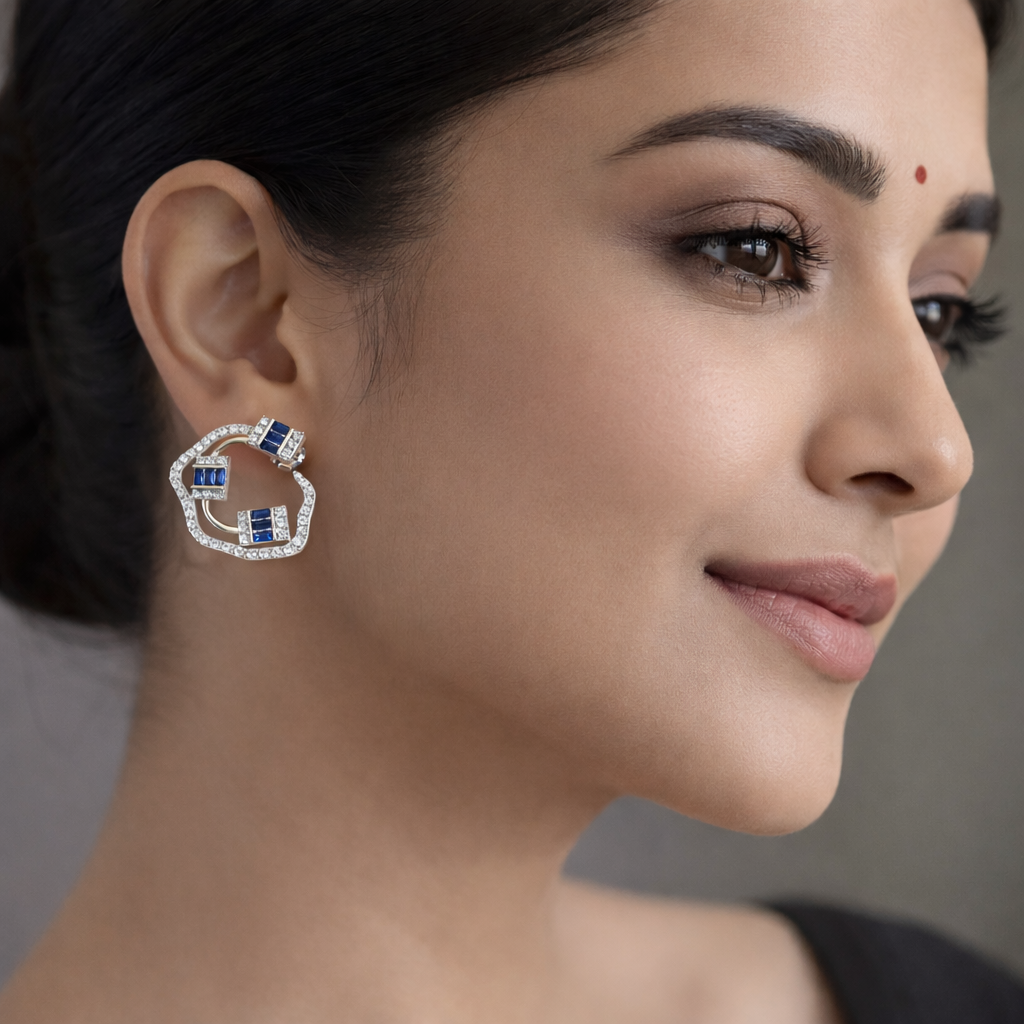BAGUETTE SAPPHIRE AND DIAMOND SILVER EARRINGS