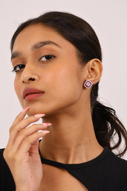 Imperial Ruby And Diamond Studs Silver Earrings