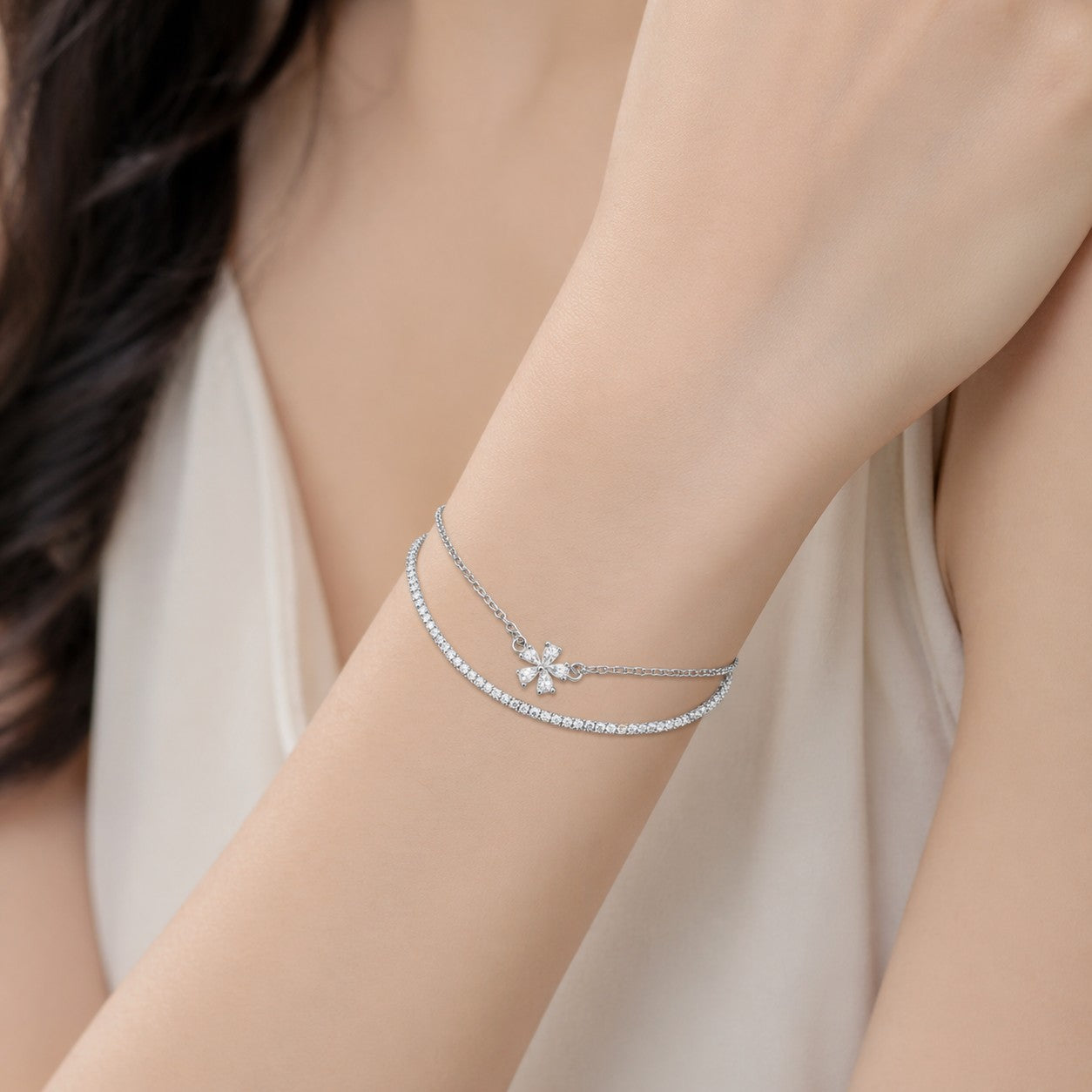 Minimal Diamond Double Silver Bracelet