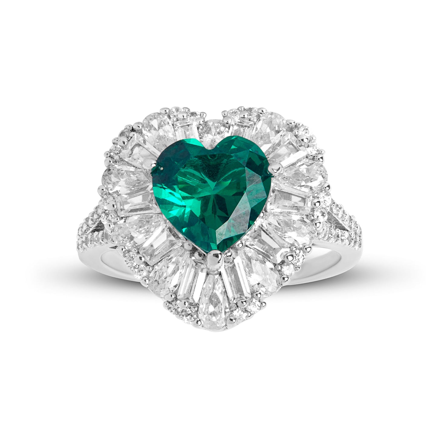 Silver Heart Emerald And Diamond Ring
