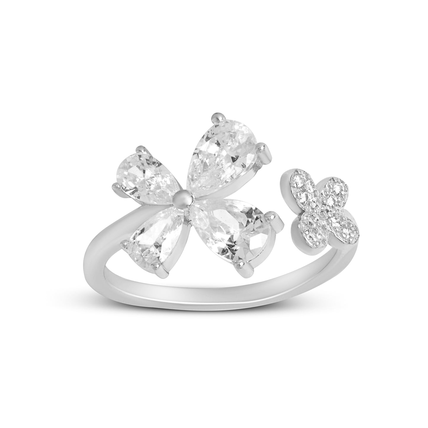 Silver Two Flowers Diamond Ring