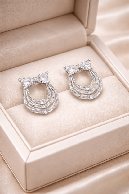 Heart And Baguette Studs Silver Earrings