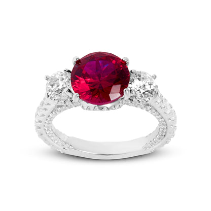 Silver Round Ruby And Diamond Crown Ring